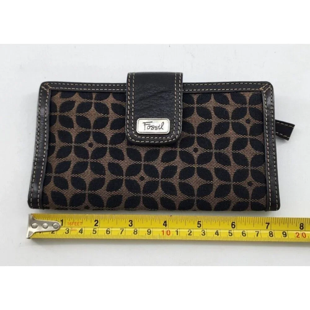 Vintage Fossil Wallet Bi-Fold Brown Textile/Leather Snap Front Zip‎ Pocket 7